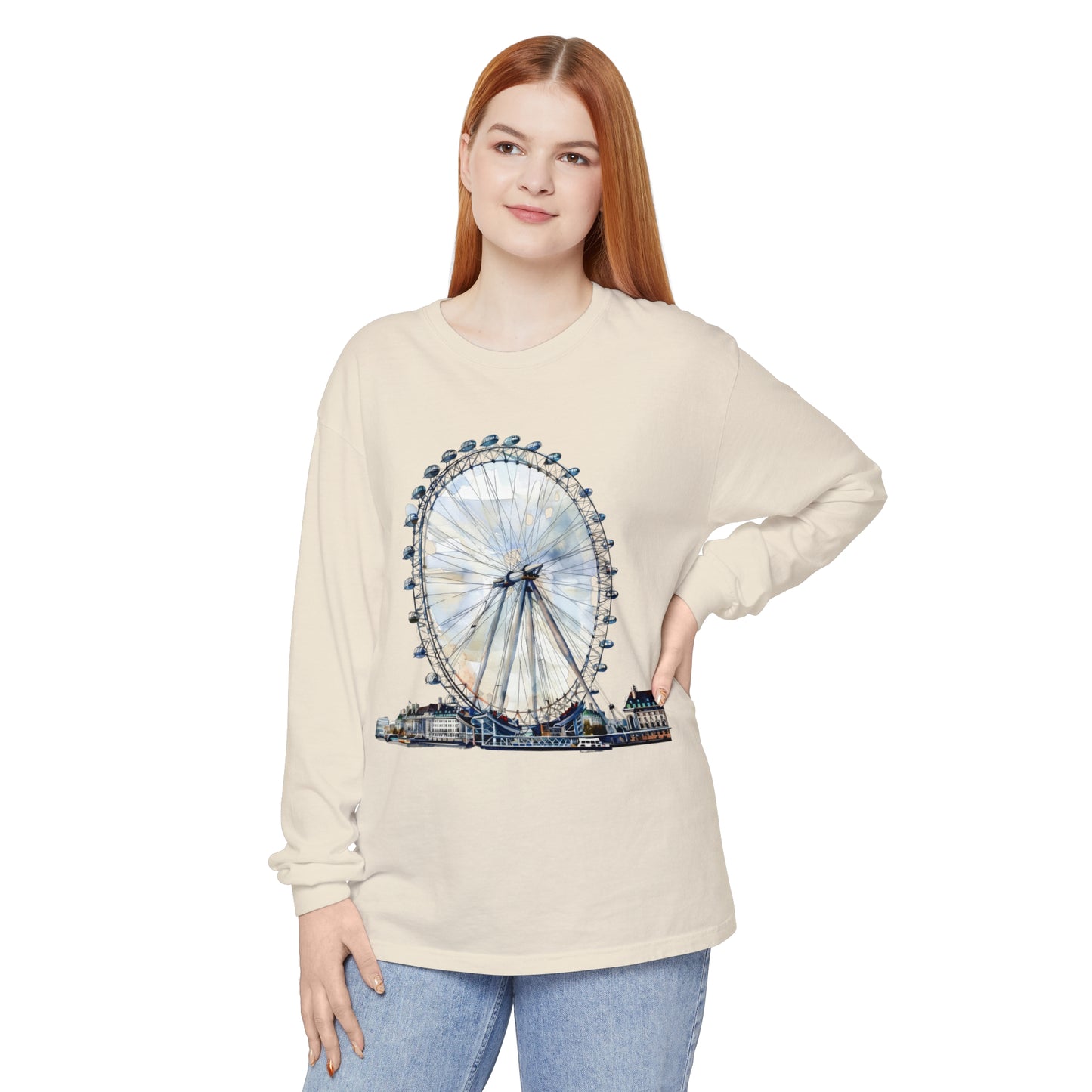 Unisex Garment-dyed Long Sleeve T-Shirt - London Eye - Iconic Ferris Wheel Watercolor Art