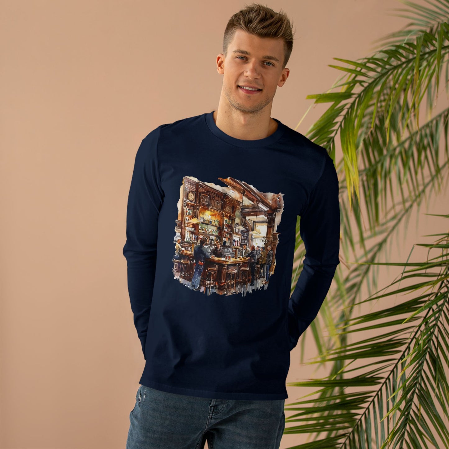 Men’s Base Longsleeve Tee - London Pub Interior - Cozy British Tavern
