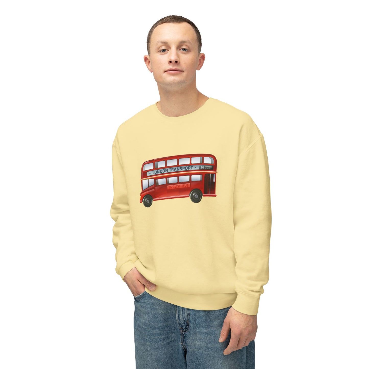 Unisex Lightweight Crewneck Sweatshirt - London Transport English Bus - Iconic Red Double-Decker Bus