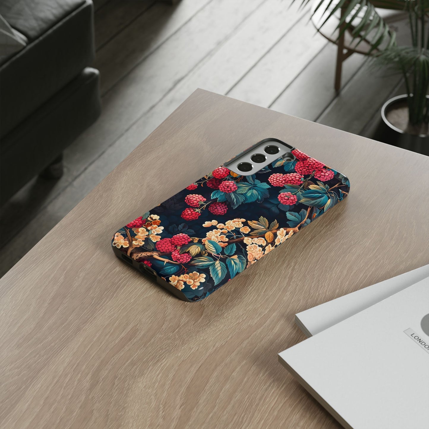 Floral Phone Case with Berry Design, Durable Phone Cover, Floral Print, Gift for Plant Lovers, Nature-Inspired Accessory