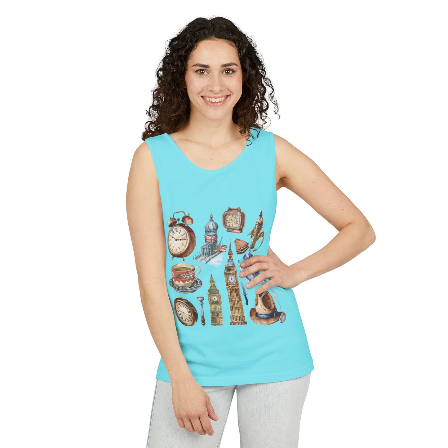 Unisex Garment-Dyed Tank Top - Iconic England Landmarks Illustration Print