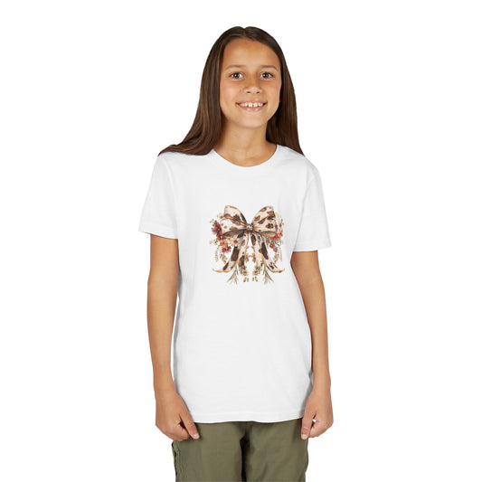 Youth Short Sleeve Tee - Western Floral Bow with Cow Pattern Aesthetic - Cute & Stylish Kids T-Shirt
