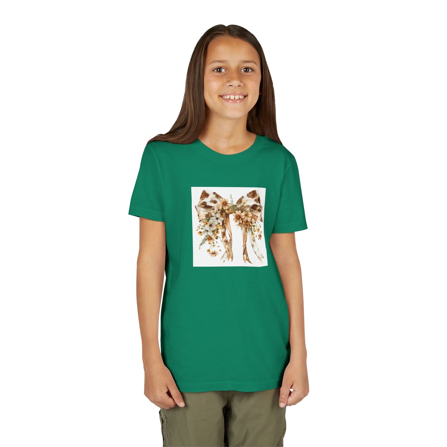 Youth Short Sleeve Tee - Western Cow Print Bow with Floral Accents Clipart - Perfect for Spring Celebrations