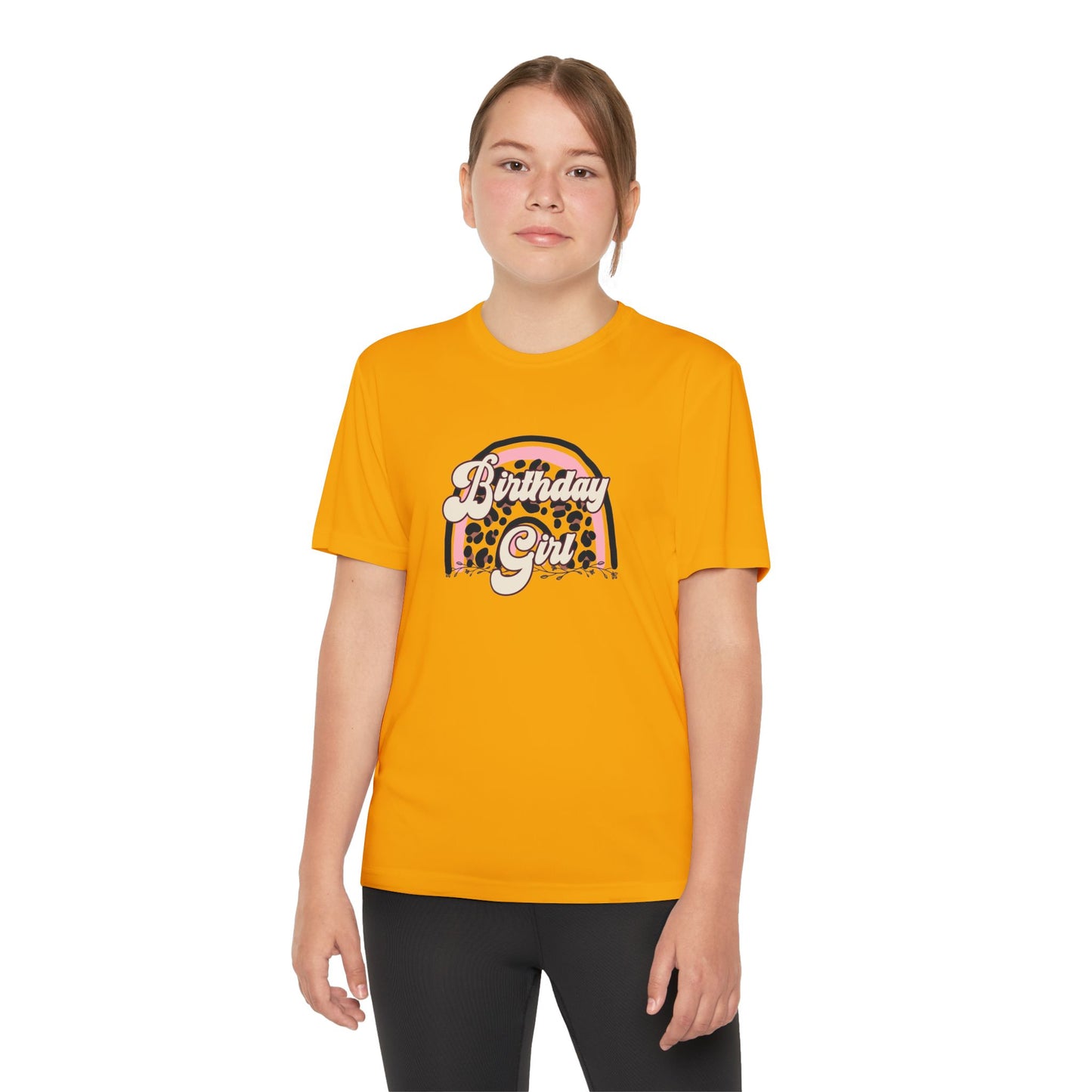 Youth Tee - Birthday Girl Leopard Print Rainbow Clipart - Bright Orange Competitor Shirt for Celebrations