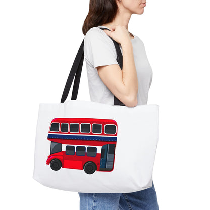 London Bus Weekender Tote Bag, Travel Bag, Summer Tote, Beach Bag, Shopping Bag, Gift for Travelers, Fun Design