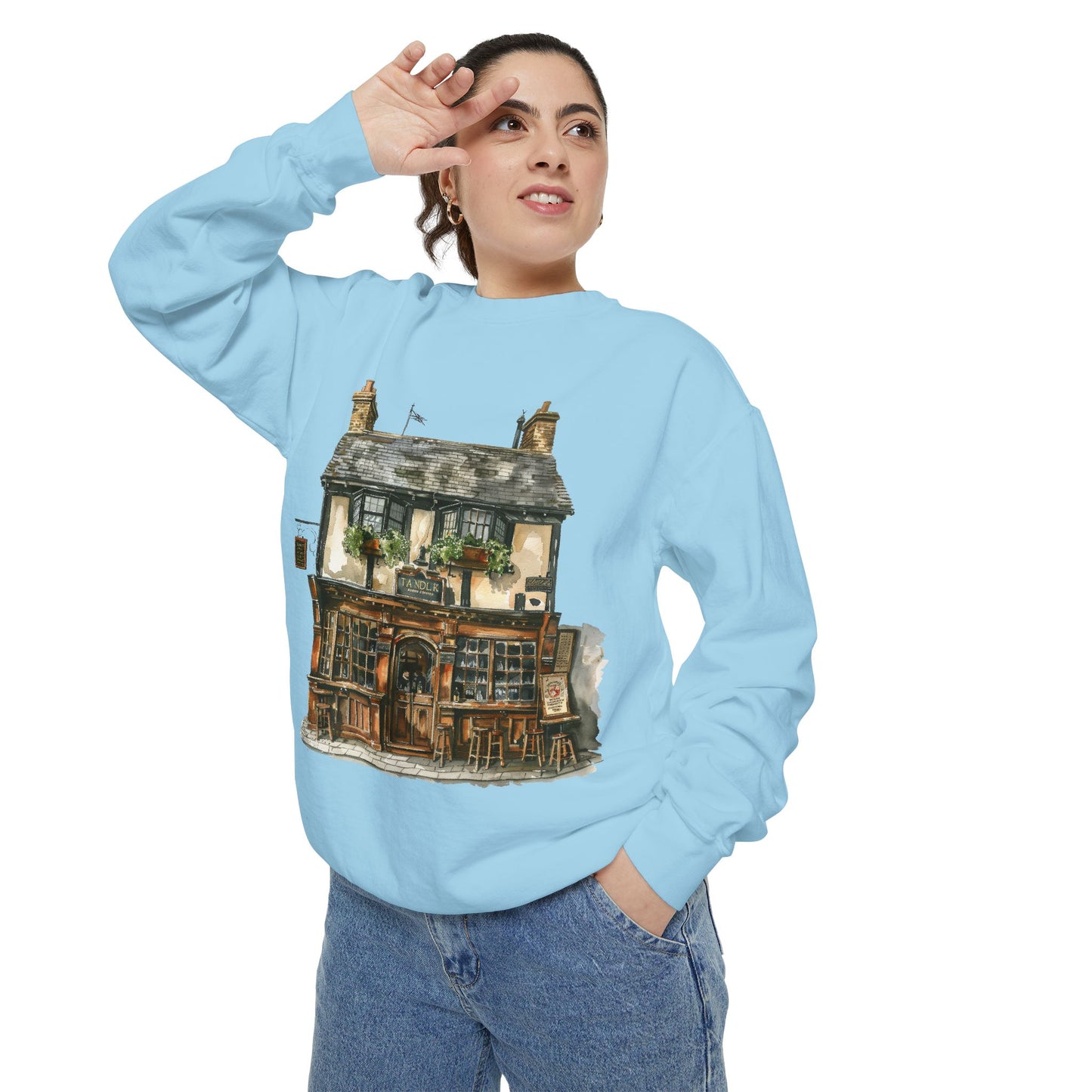 Unisex Garment-Dyed Sweatshirt - From Thatched Roofs to Stone Walls - British Village Houses