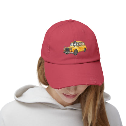 Taxi Graphic Distressed Cap, Casual Unisex Hat, Vintage Style Dad Hat, Summer Accessory, Fun Gift for Travelers