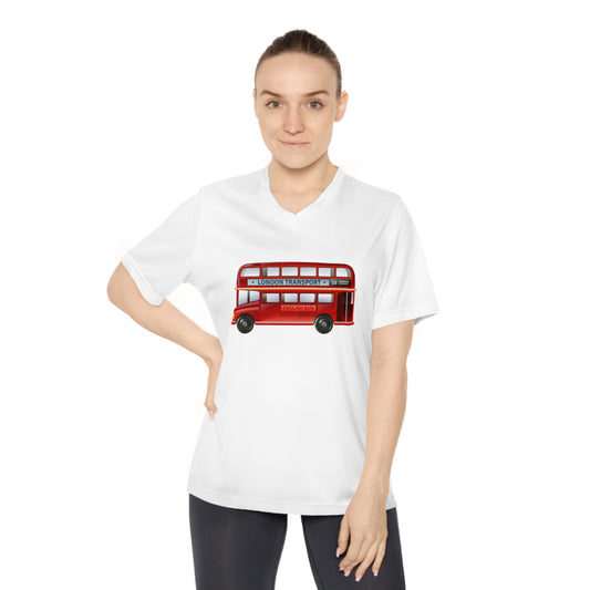 Women's Performance V-Neck T-Shirt - Vintage British Double-Decker Bus Art Print  - Sporty Travel Tee