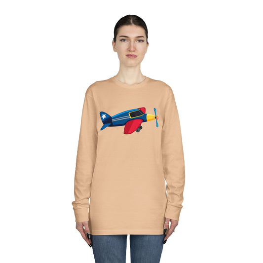 Long Sleeve Crewneck Tee - Vintage Airplane Illustration - Retro Aviation Design