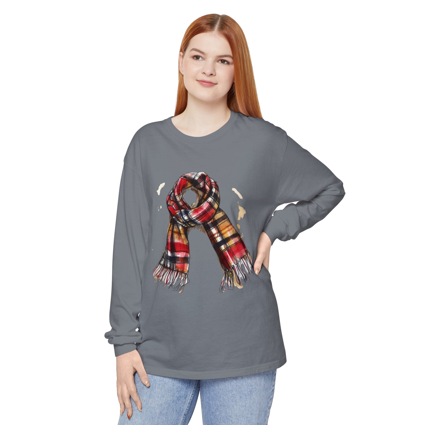 Unisex Garment-dyed Long Sleeve T-Shirt - Classic British Plaid Scarf Design