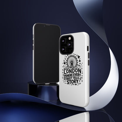 London Story Phone Case, Tough iPhone Cover, Gift for Travelers, London Souvenir, Black Typography Design