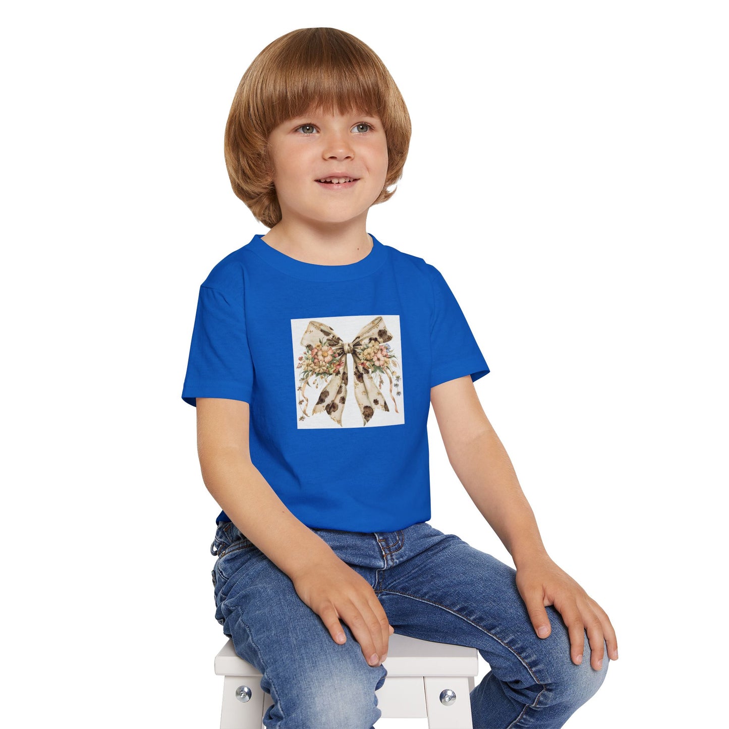 Toddler T-Shirt - Boho Farmhouse Floral Bow with Cow Spots - Adorable Cotton Tee for Kids