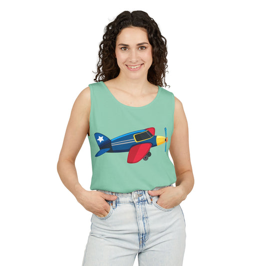 Unisex Garment-Dyed Tank Top - Vintage Airplane Illustration - Retro Aviation Design