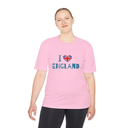 Unisex Moisture Wicking Tee - I Love England - Union Jack Heart Design