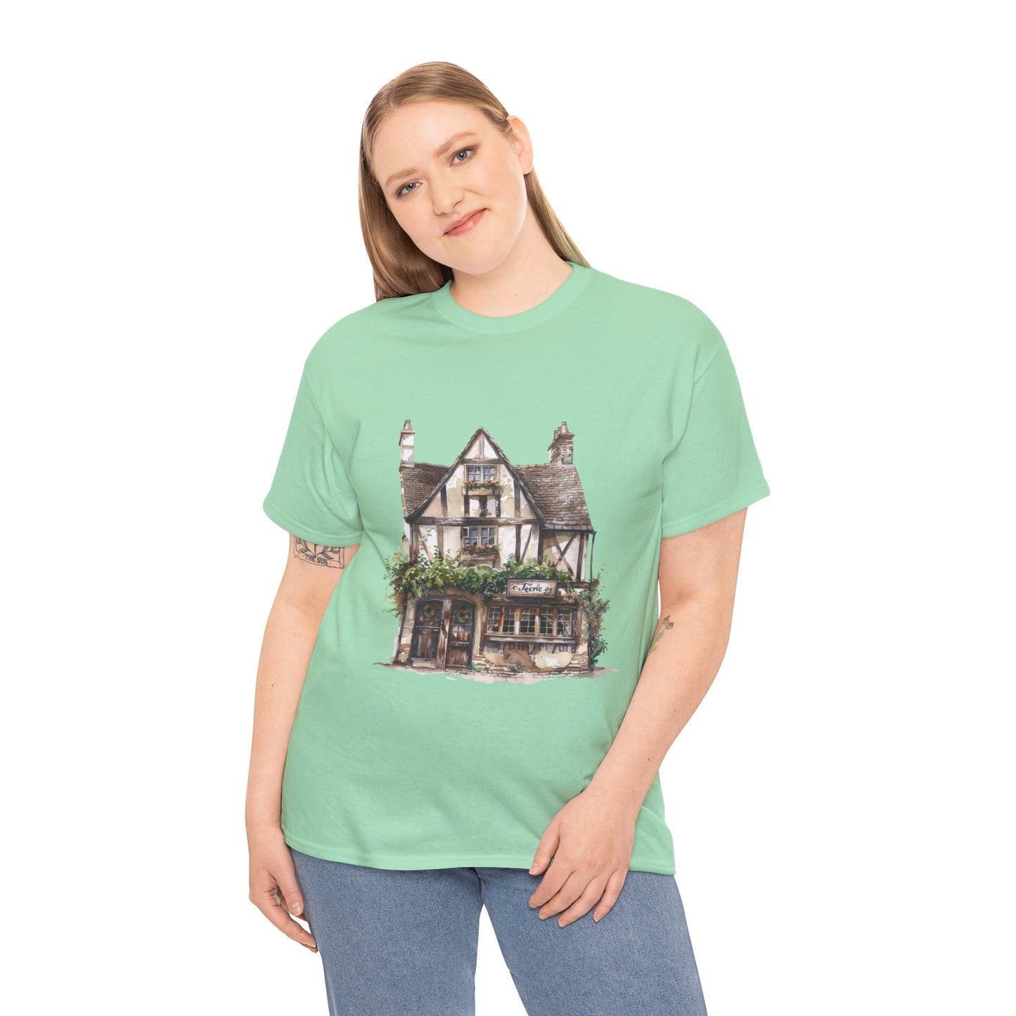 Unisex Heavy Cotton Tee - Cottages & Cobblestones - A British Village Dream