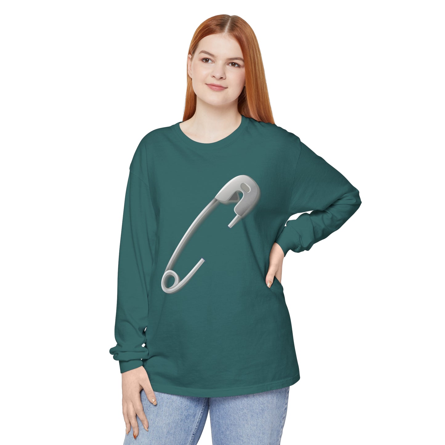 Unisex Garment-dyed Long Sleeve T-Shirt - Minimalist Safety Pin Design