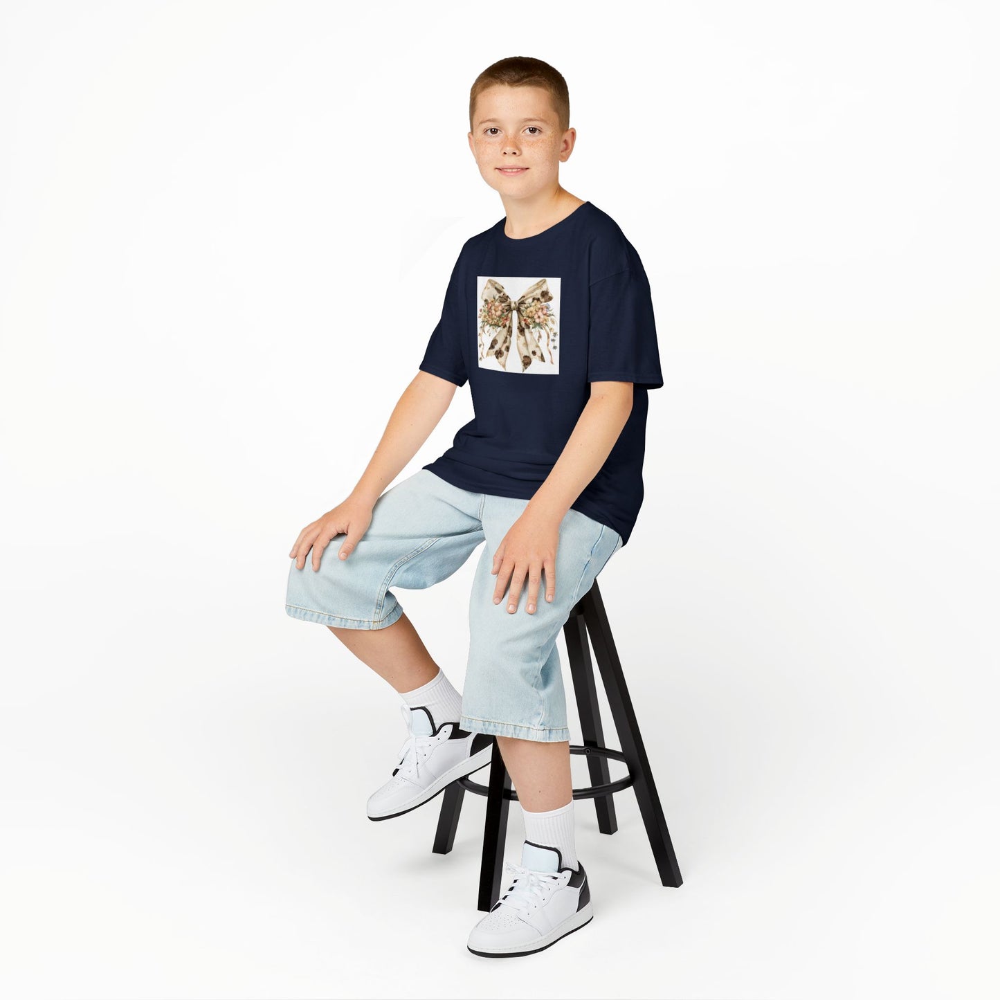 Kids Heavy Cotton™ Tee - Elegant Cowhide Ribbon Bow with Wildflower Bouquet - Perfect for Birthdays and Everyday Fun