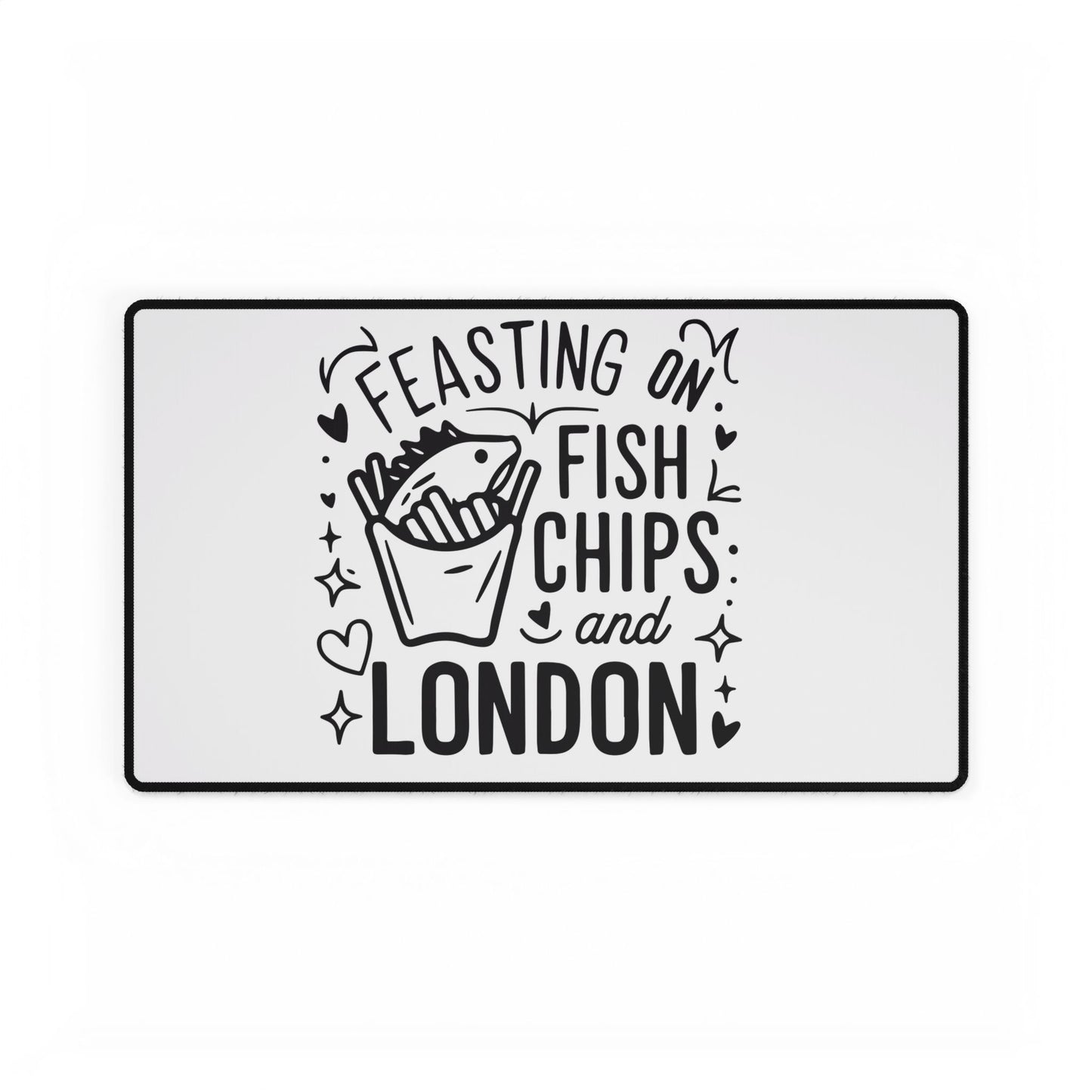 London-Themed Desk Mat - 'Feasting on Fish, Chips, and London' - Fun Office Decor, Gift for Food Lovers, Computer Accessories