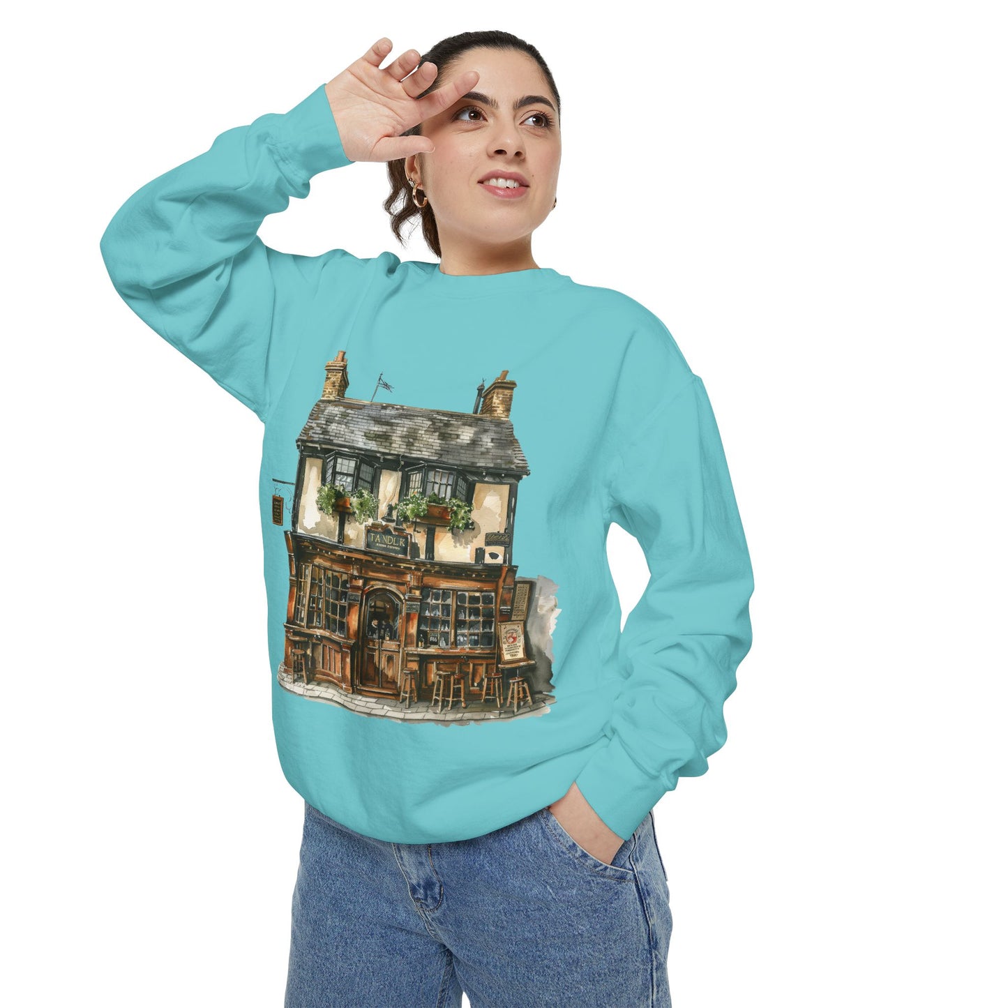 Unisex Garment-Dyed Sweatshirt - From Thatched Roofs to Stone Walls - British Village Houses