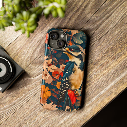 Artistic Bird Phone Case, Unique Tough Cases for Nature Lovers, Floral Design, Cute Gift, Customized Phone Accessories