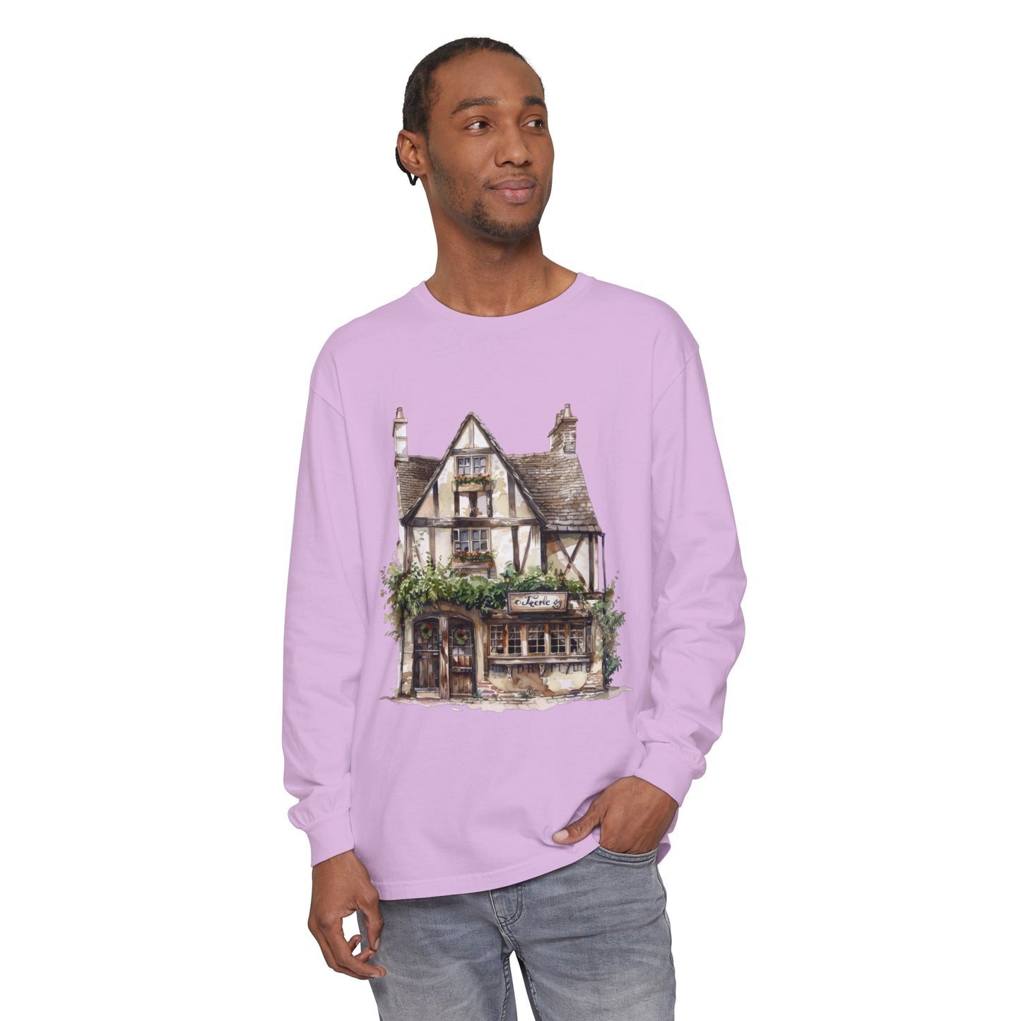 Unisex Garment-dyed Long Sleeve T-Shirt - Charming British House - Classic Design and Warmth