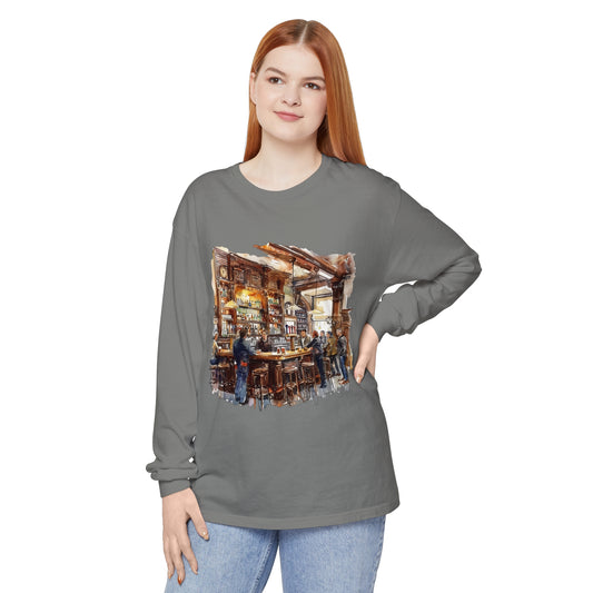 Unisex Garment-dyed Long Sleeve T-Shirt - Where Friends Gather - The Cozy British Pub