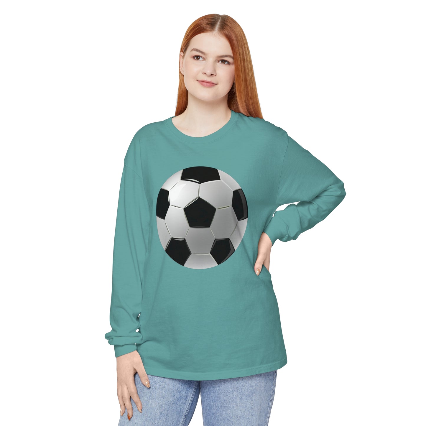 Unisex Garment-dyed Long Sleeve T-Shirt - Dynamic Football Design - Sports Passion and Energy