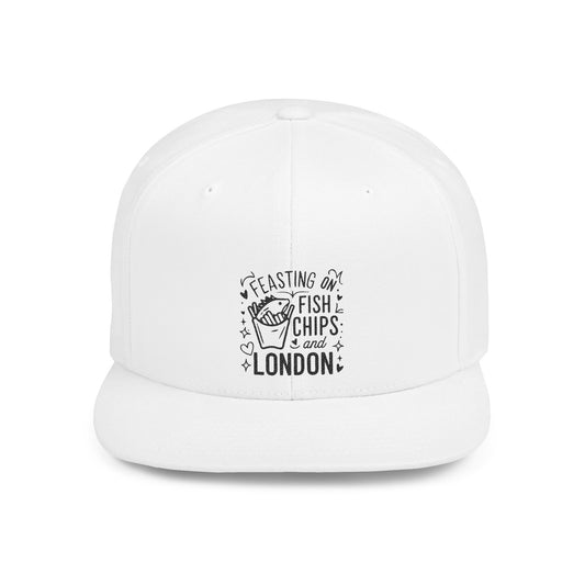 Feasting on Fish & Chips Snapback Hat, Fun Casual Cap for Food Lovers, London Souvenir, Summer Festival Wear, Unique Gift Idea