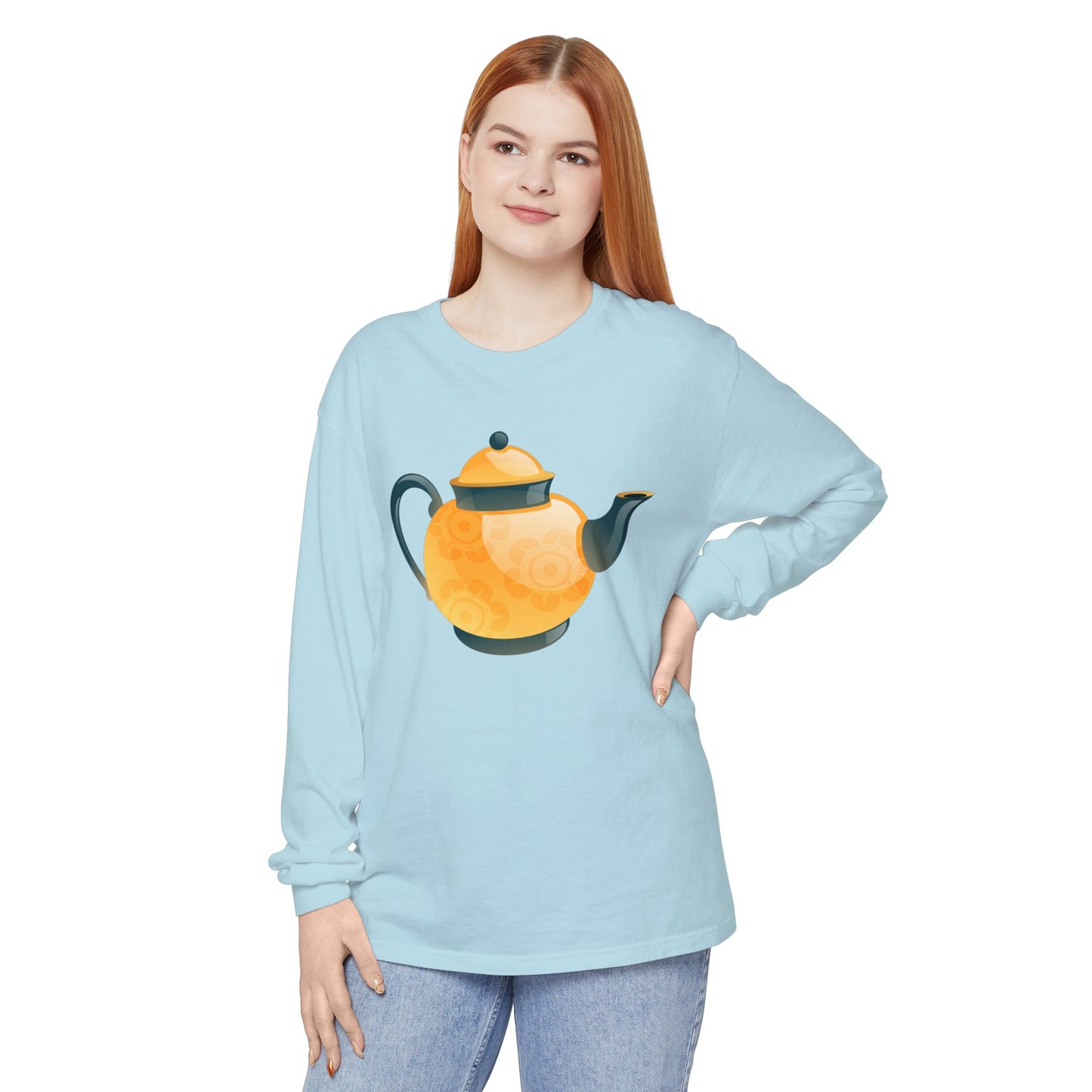 Unisex Garment-dyed Long Sleeve T-Shirt - Classic British Tea Kettle - Timeless Elegance in Tea Time