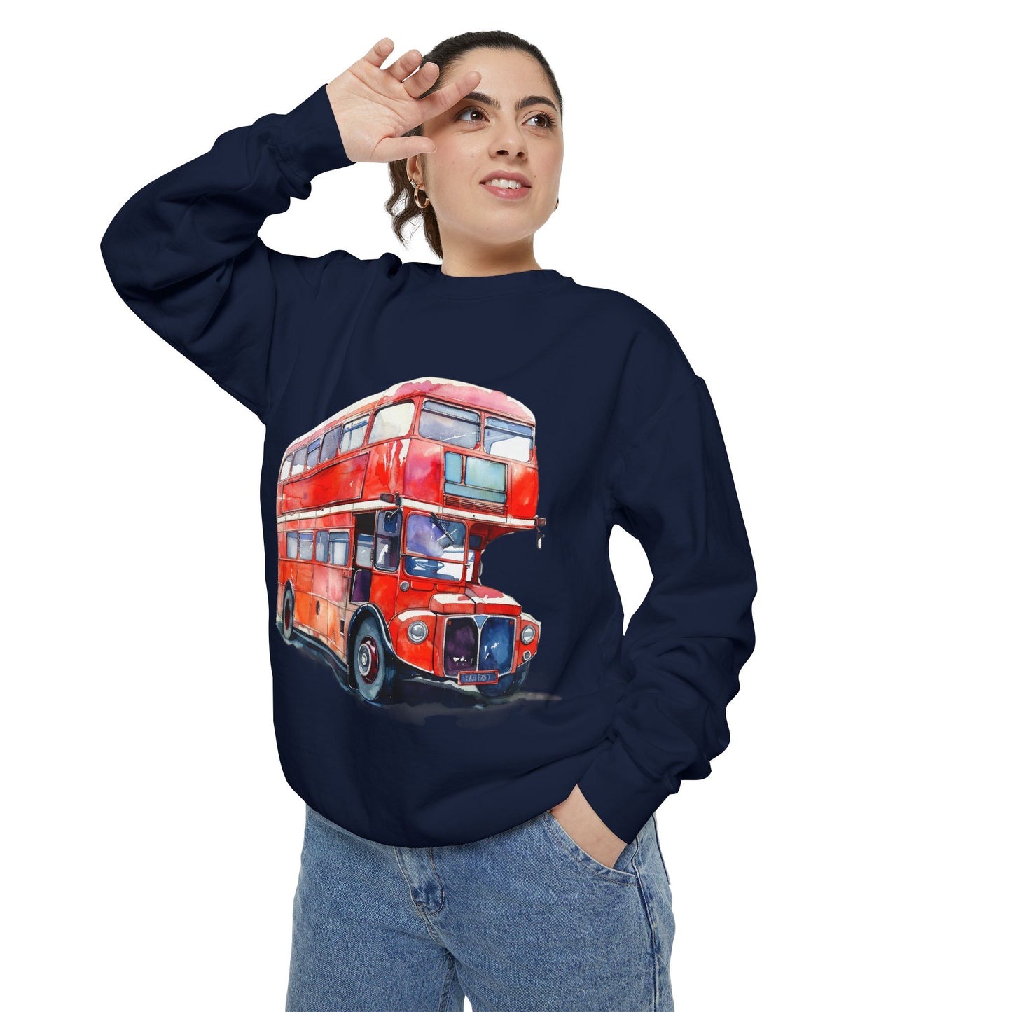 Unisex Garment-Dyed Sweatshirt - Timeless Transit - The Iconic Red Bus of Britain