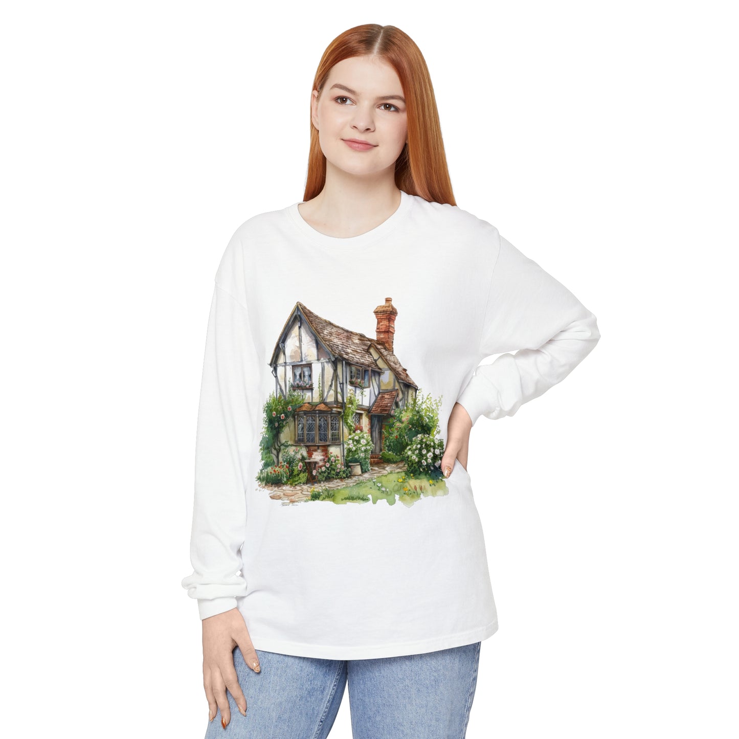 Unisex Garment-dyed Long Sleeve T-Shirt - Charming British House