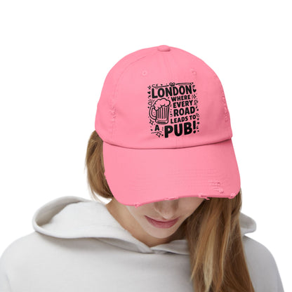 Punny London Pub Cap, Distressed Unisex Hat, Beer Lover's Gift, Casual Summer Accessory, Travel Souvenir, Fun Friends Gathering