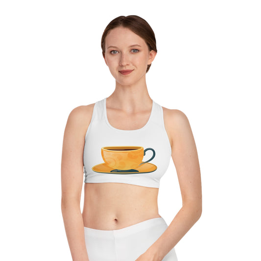 Sports Bra - Cute Cup Design for Yoga and Fitness - Coffee Lover - Elegant British Tea Cup - Classic Tea Time Style