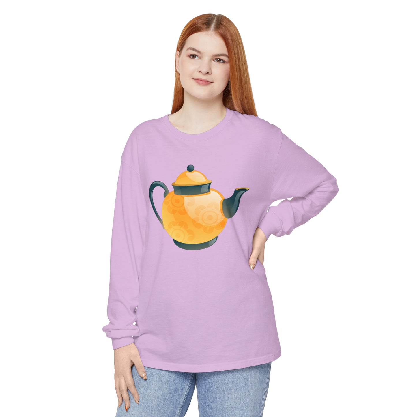 Unisex Garment-dyed Long Sleeve T-Shirt - Classic British Tea Kettle - Timeless Elegance in Tea Time