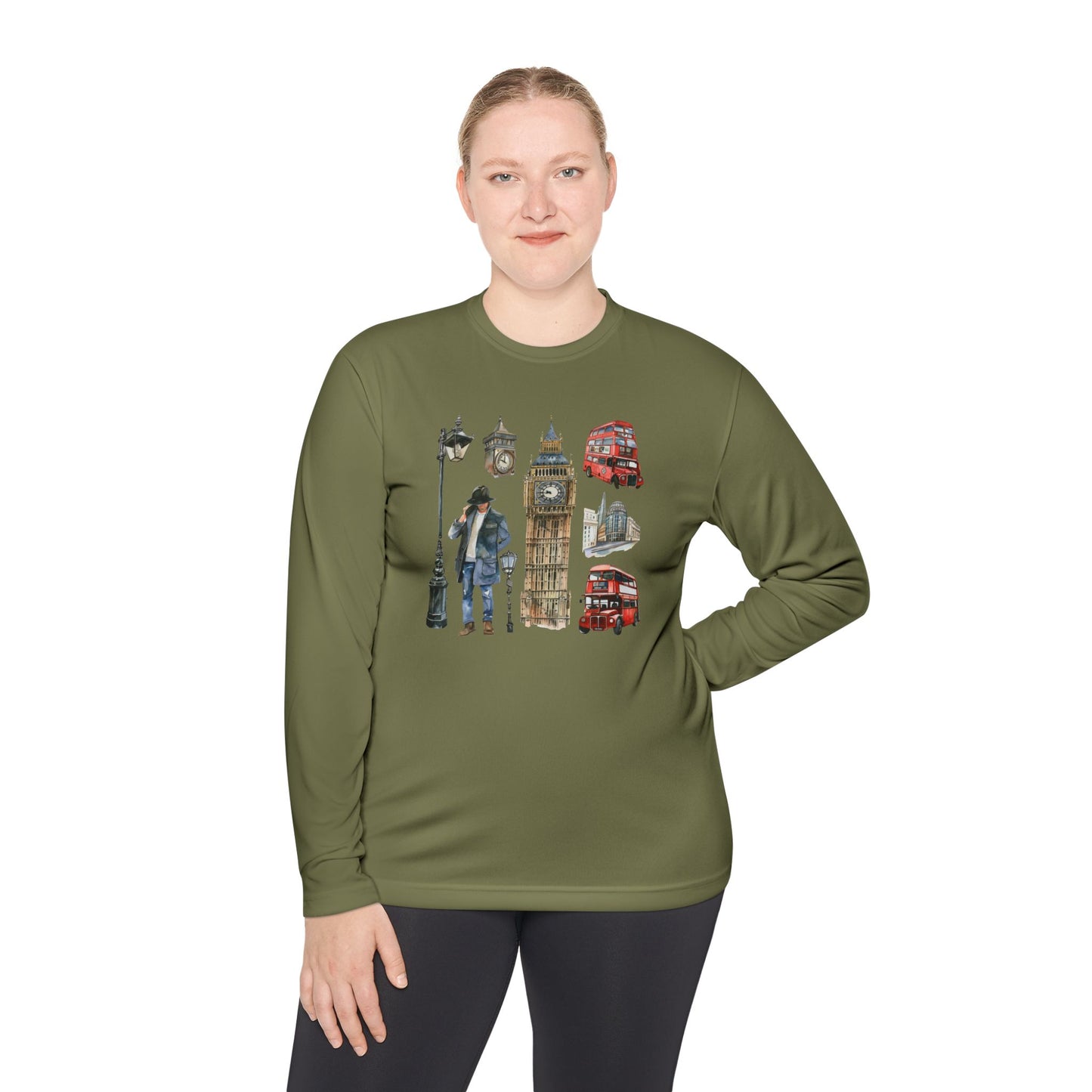 Unisex Lightweight Long Sleeve Tee - British Landmarks and Symbols Art Design