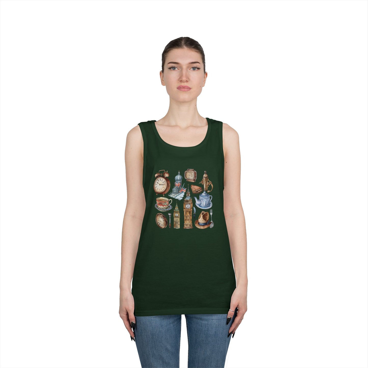 Unisex Heavy Cotton Tank Top - England Travel Icons Artistic Print