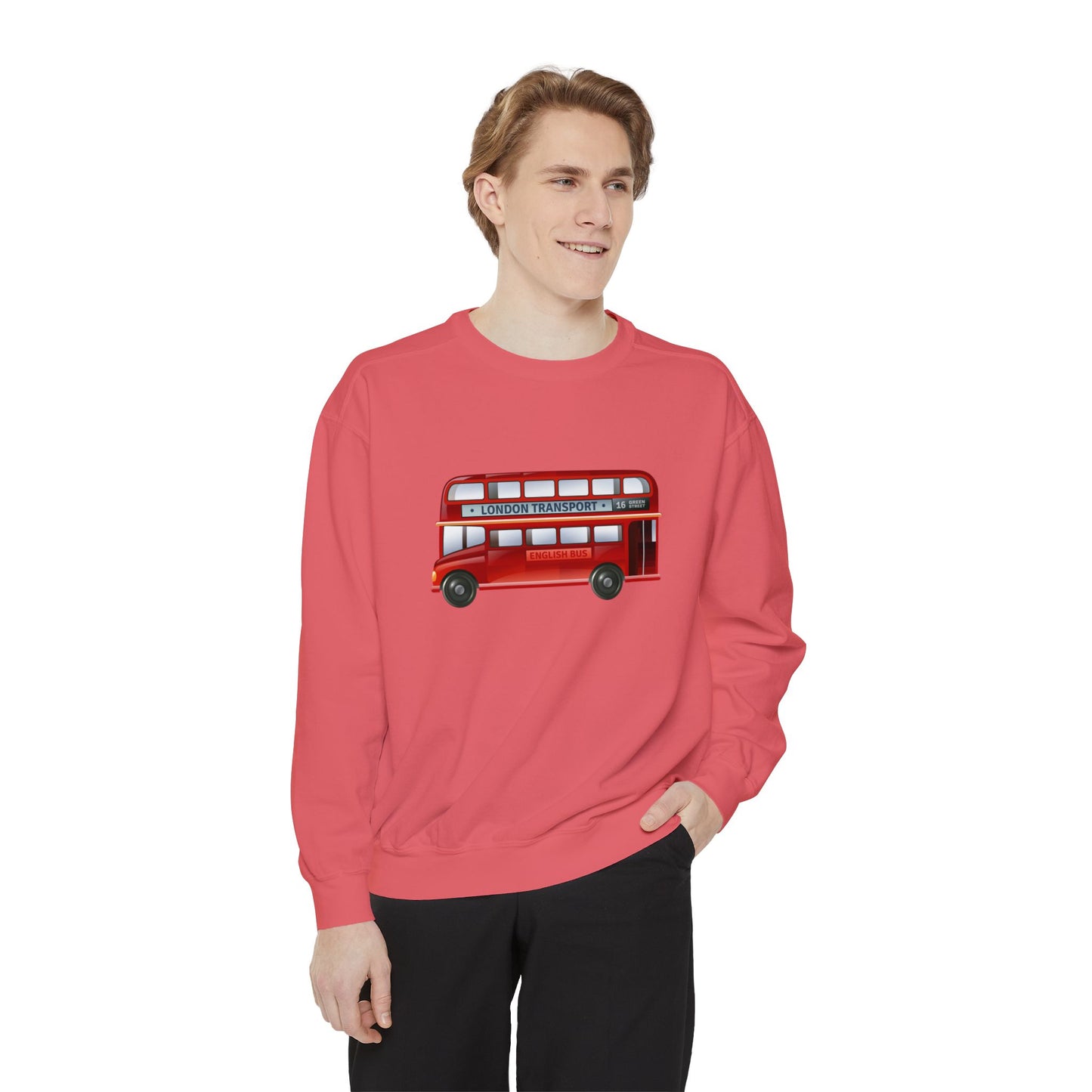 Unisex Garment-Dyed Sweatshirt Trendy - London Transport Red Double-Decker Bus
