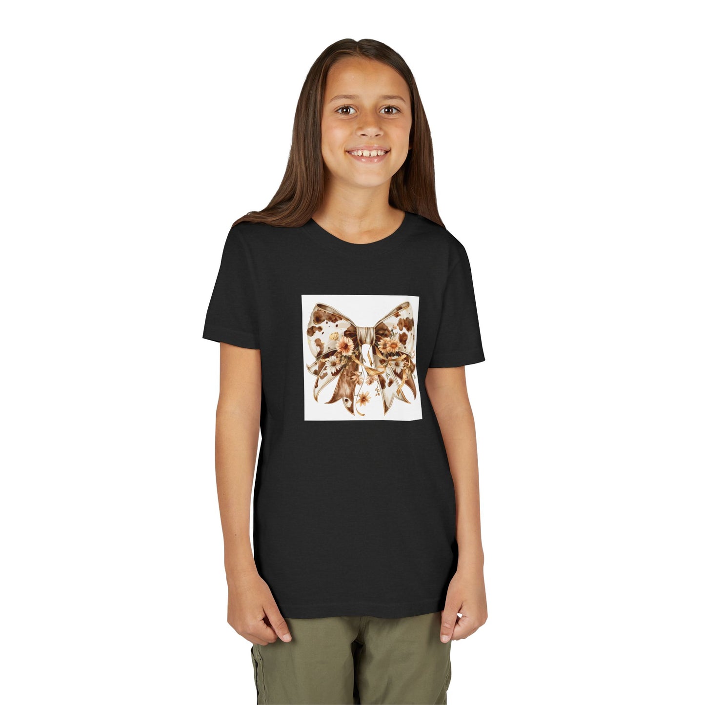 Youth Short Sleeve Tee - Western Cow Print Bow with Floral Accents Clipart - Cute Summer T-Shirt for Kids