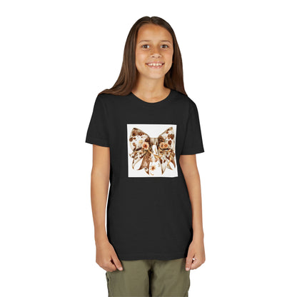 Youth Short Sleeve Tee - Western Cow Print Bow with Floral Accents Clipart - Cute Summer T-Shirt for Kids