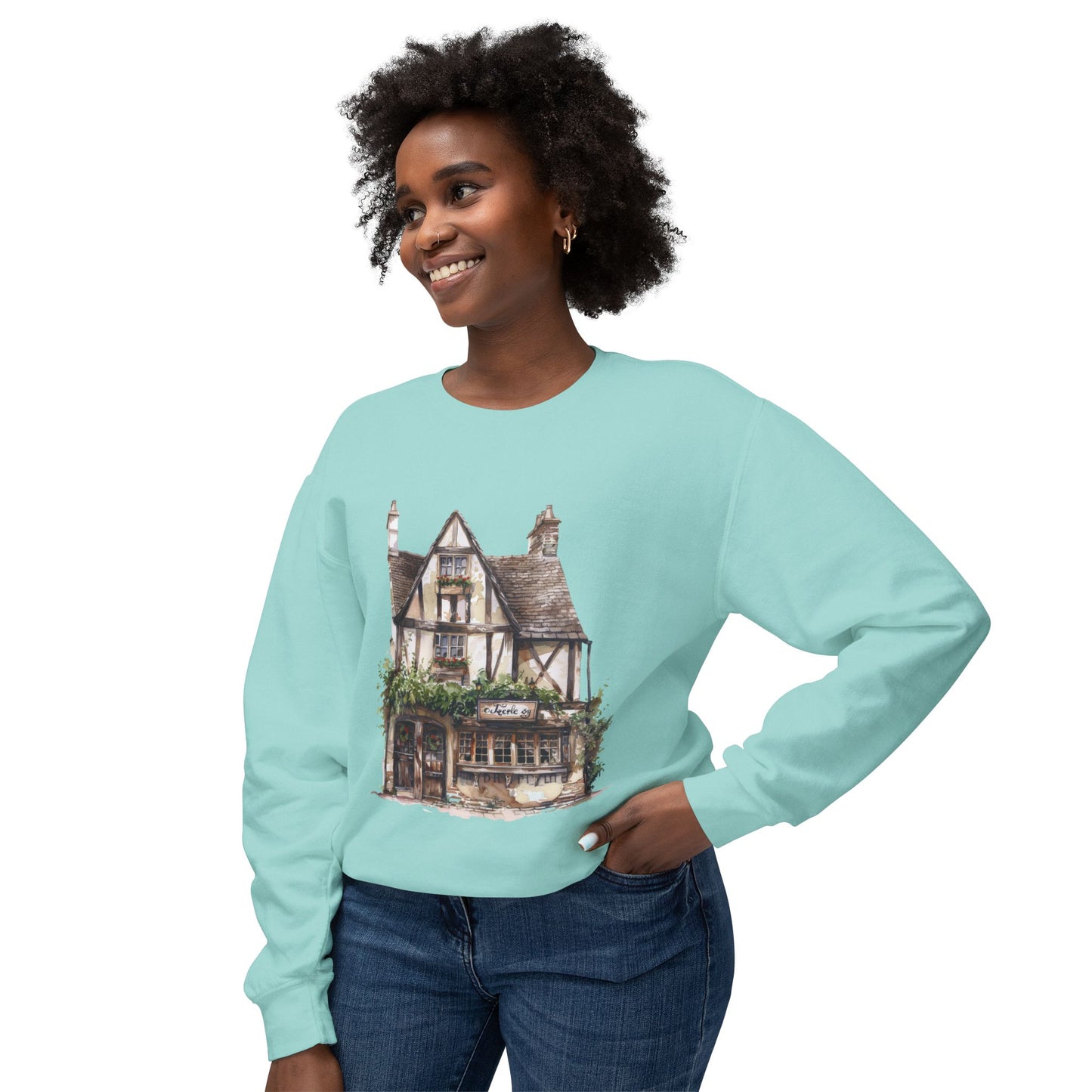 Unisex Lightweight Crewneck Sweatshirt - Charm of the Countryside - British Cottage Style