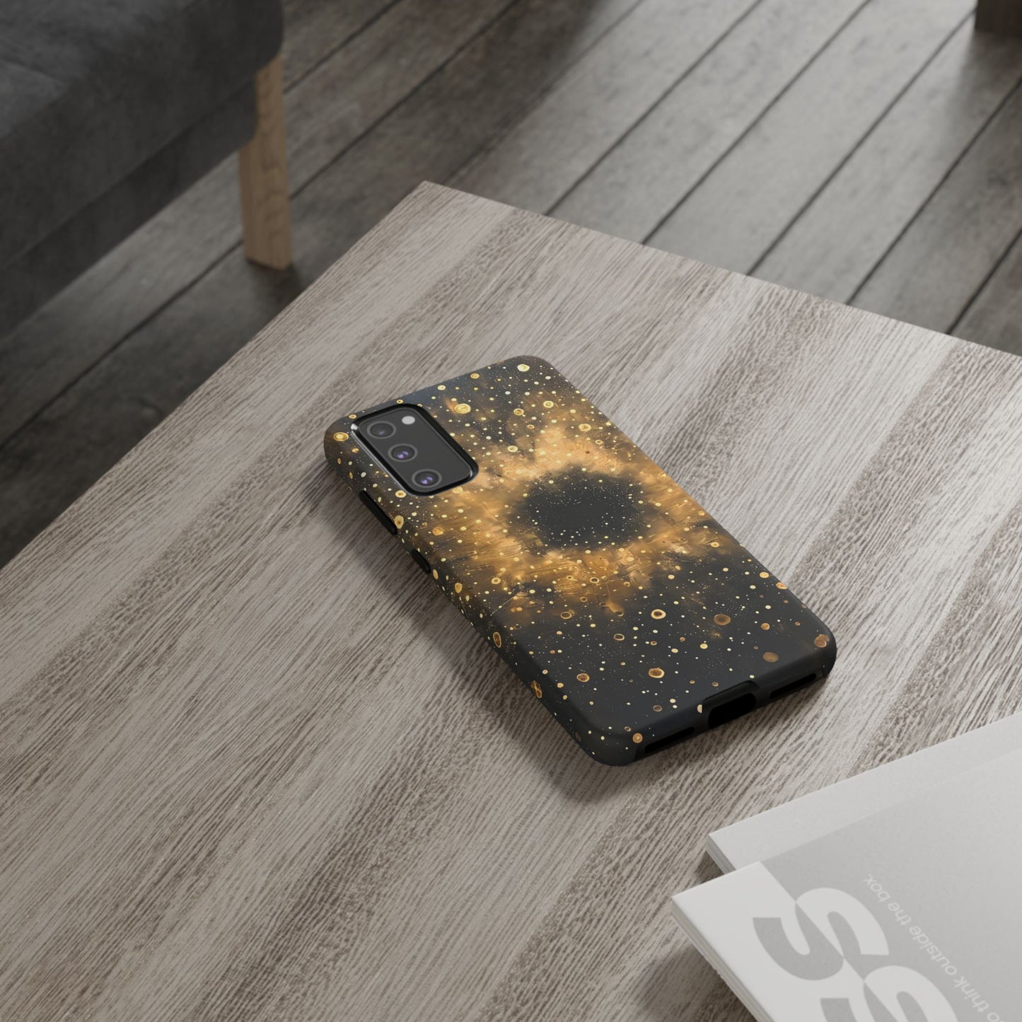 Stylish Phone Case with Golden Galaxy Design, Tough Phone Cover, Trendy Mobile Accessory, Gift for Space Lovers, Protective Phone Shell