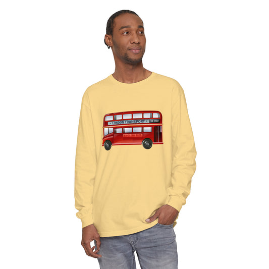 Unisex Garment-dyed Long Sleeve T-Shirt - London Transport English Bus - Iconic Red Double-Decker