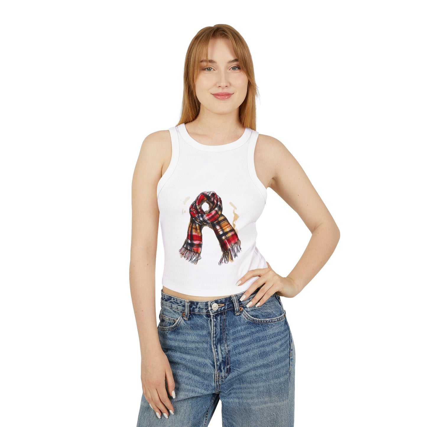 Women's Micro Rib Racer Tank Top - Plaid British Scarf - Timeless Style and Classic Elegance