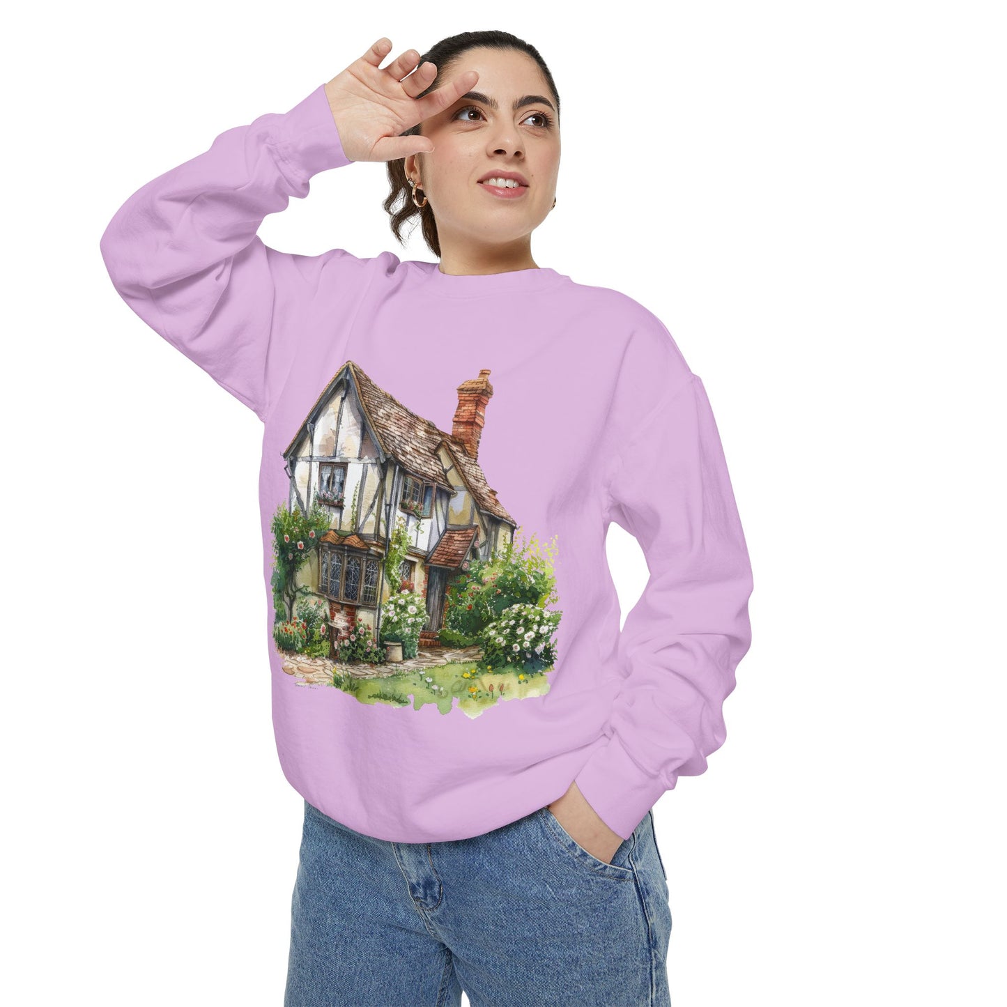 Unisex Garment-Dyed Sweatshirt - Nestled in Nature - British Village House Elegance