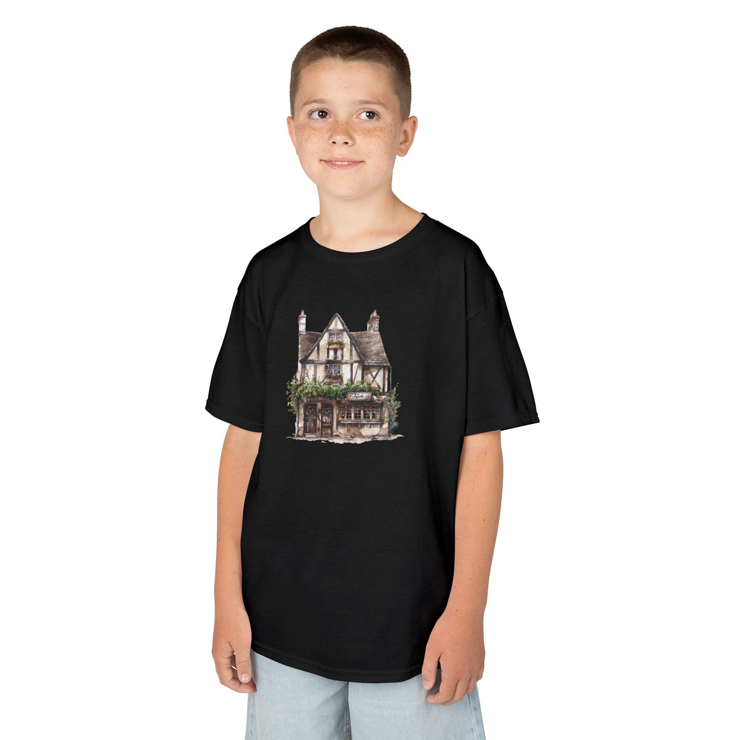 Kids Heavy Cotton Tee - Rustic Vintage England House Artwork - Perfect Gift for Young Dreamers