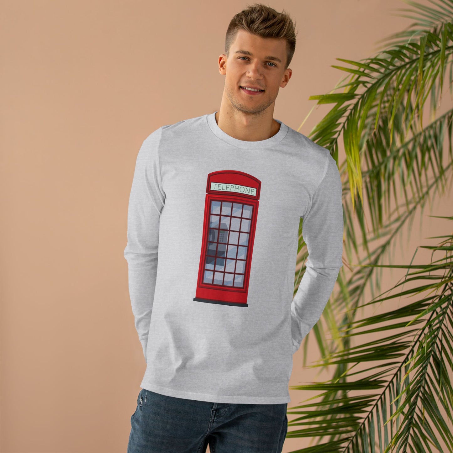 Men’s Base Longsleeve Tee - Iconic British Public Telephone - Classic Red Phone Box Design