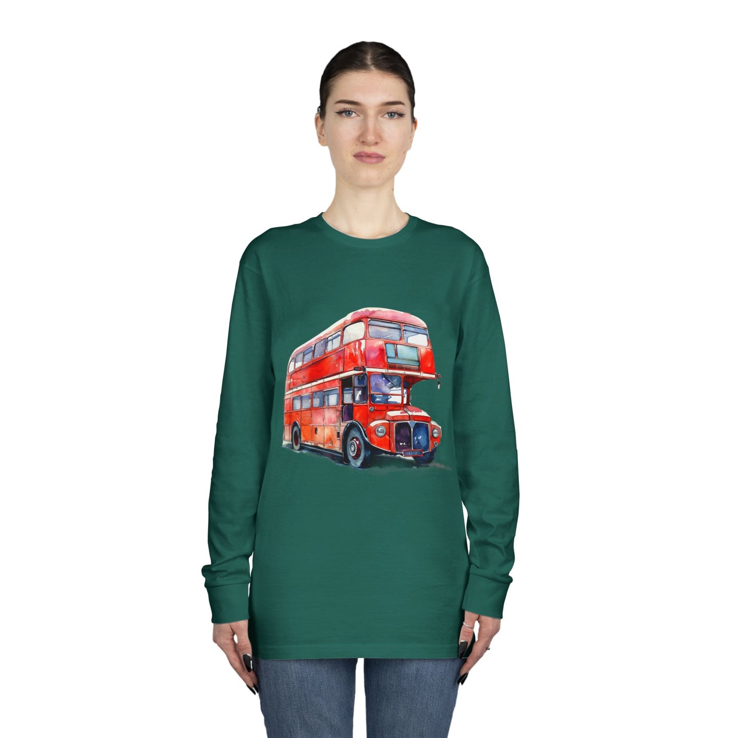 Long Sleeve Crewneck Tee - London Transport English Bus - Iconic Red Double-Decker Design