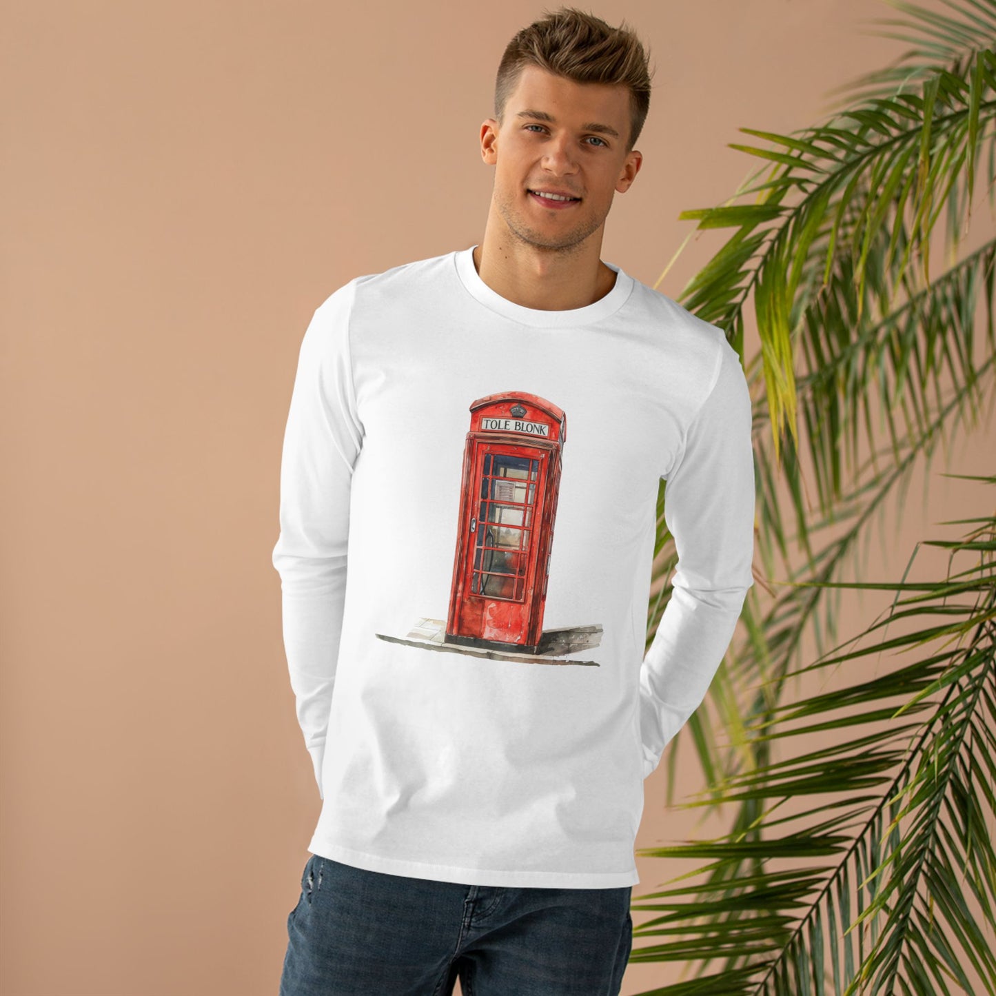 Men’s Base Longsleeve Tee -Iconic British Public Telephone - Classic Red Phone Box