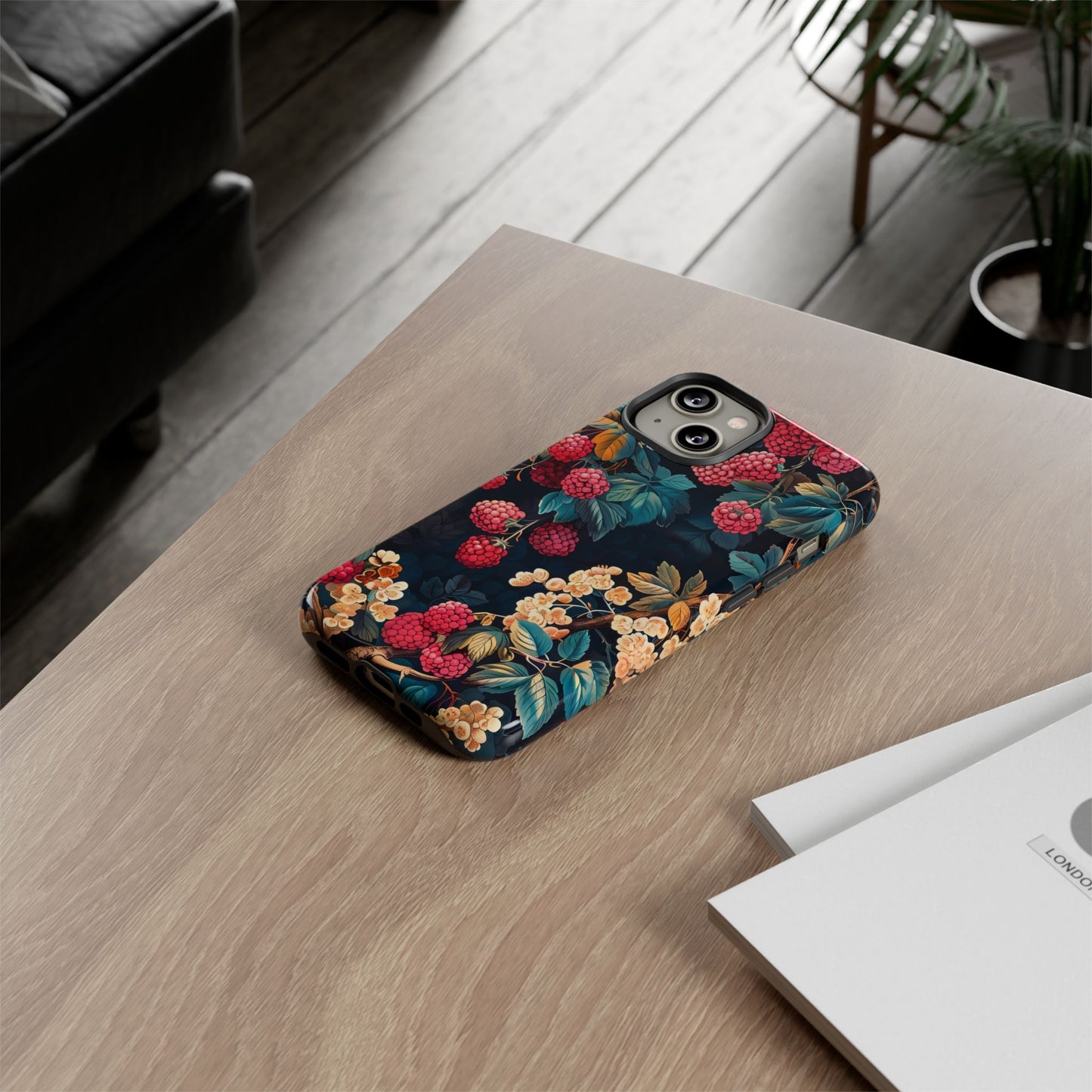 Floral Phone Case with Berry Design, Durable Phone Cover, Floral Print, Gift for Plant Lovers, Nature-Inspired Accessory