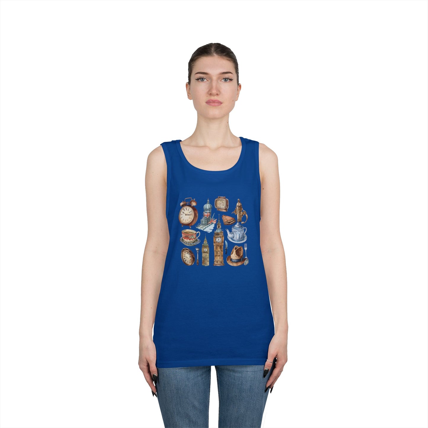 Unisex Heavy Cotton Tank Top - England Travel Icons Artistic Print